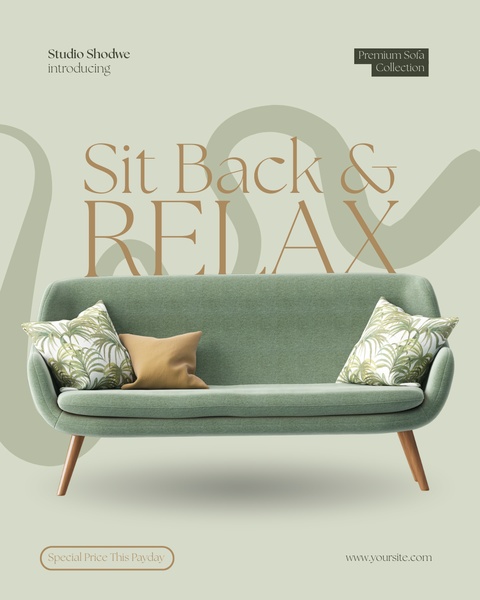 sofa, couch, loveseat, settee, living room furniture, product launch, sale promotion, minimalist, calm, luxurious, green, neutral, brown
